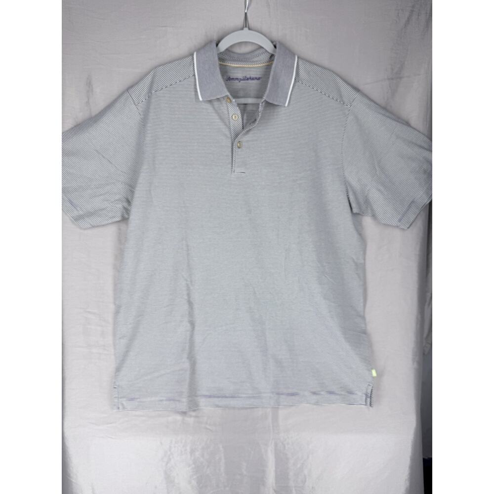Tommy Bahama Tencel Blend Polo Mens Large Silver Gray Stripe Short Sleeve Shirt